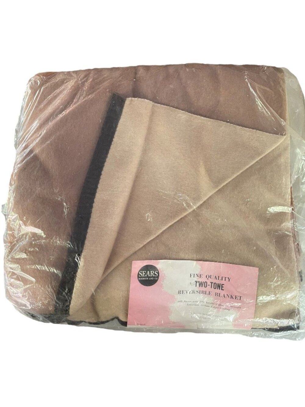 Vintage Sears Rayon Acrylic Two-Tone Reverable Velvet Binding Brown Blanket MCM